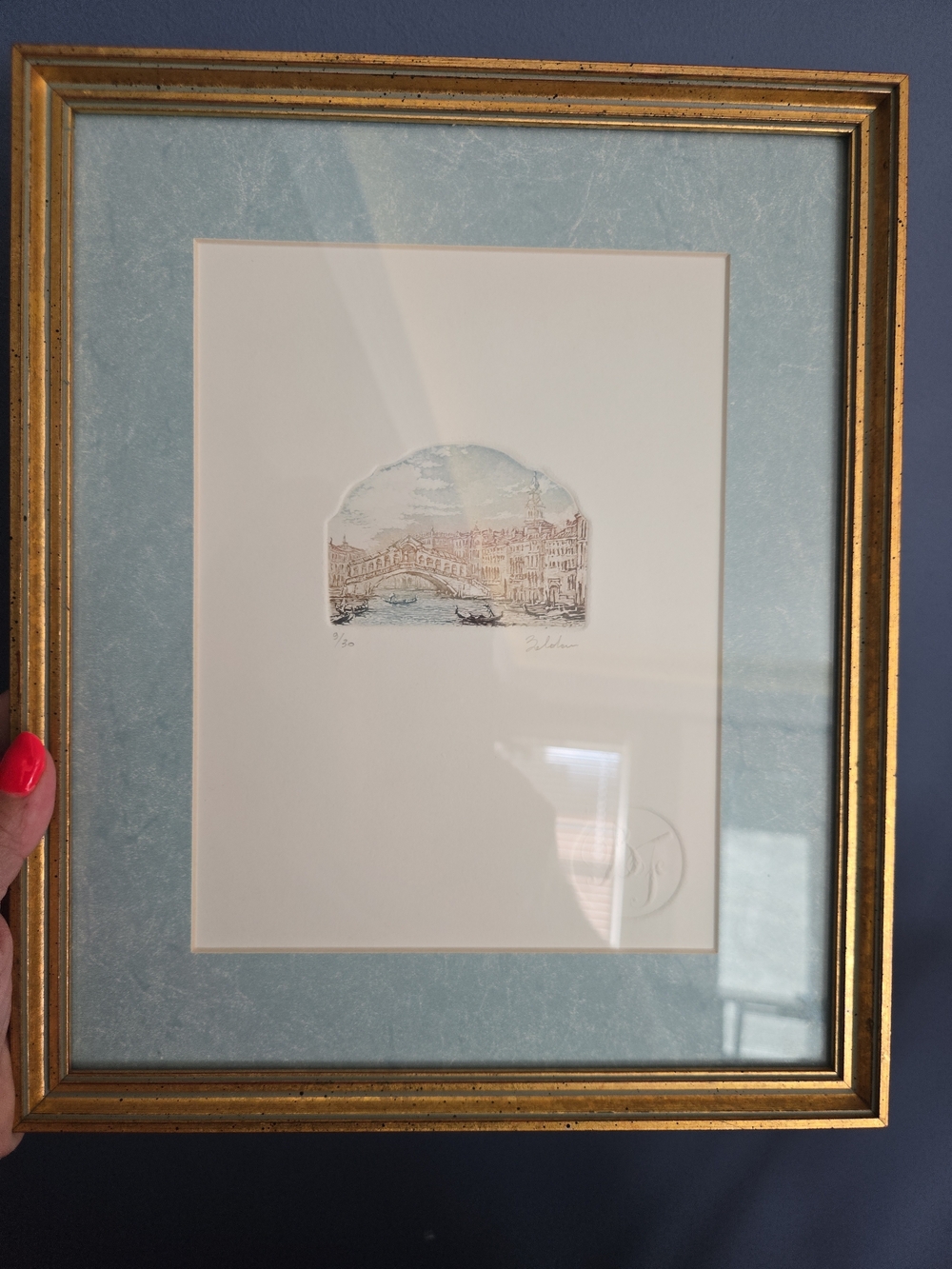 Vintage SIGNED Zeldan Hand-Colored Etching Venice Rialto Bridge Art Low Ed. 3/30